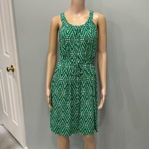 Banana Republic Sleeveless Green & White Printed Drawstring Waist Dress  small